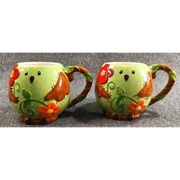Pier 1 Imports Green Bird Coffee Mug Rare Hand Painted Dolomite Ceramic Cup